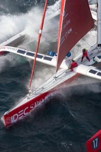First aerial images of IDEC SPORT maxi trimaran, skipper Francis Joyon and his crew, training off Belle-Ile, Brittany, on october 19, 2015 - Photo Jean Marie Liot / DPPI / IDEC