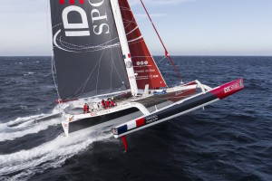 First aerial images of IDEC SPORT maxi trimaran, skipper Francis Joyon and his crew, training off Belle-Ile, Brittany, on october 19, 2015 - Photo Jean Marie Liot / DPPI / IDEC